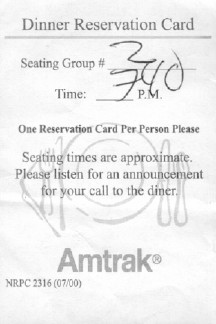Amtrak dinner reservation slip
